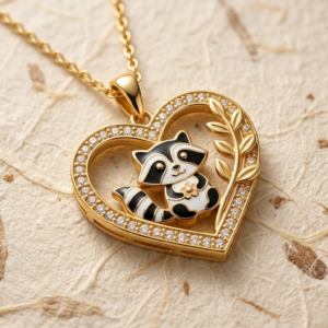 Dainty Raccoon Necklace in Sterling Silver, Cute Animal Heart Pendant, Enamel Raccoon Jewelry, Nature Inspired Gift for Her, Kawaii Necklace
