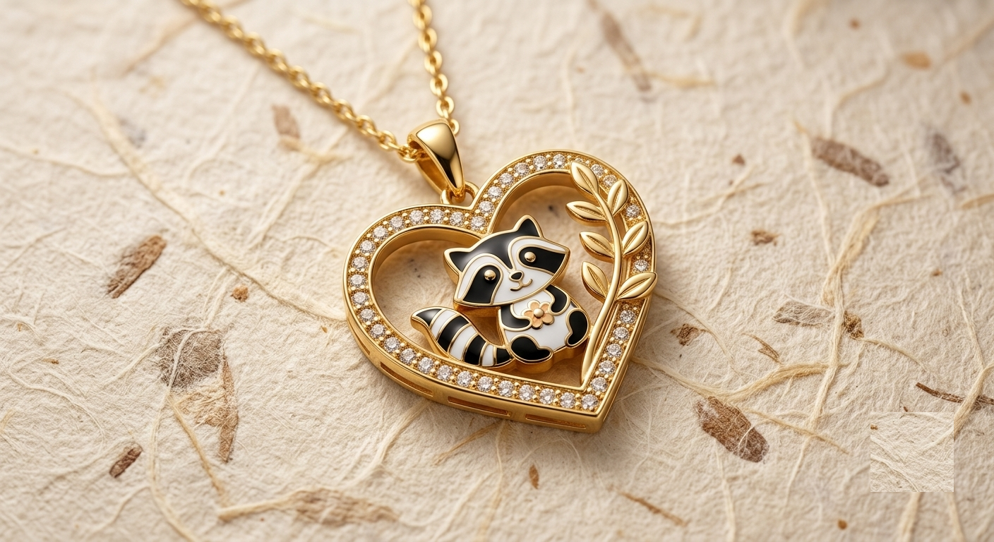 Dainty Raccoon Necklace in Sterling Silver, Cute Animal Heart Pendant, Enamel Raccoon Jewelry, Nature Inspired Gift for Her, Kawaii Necklace