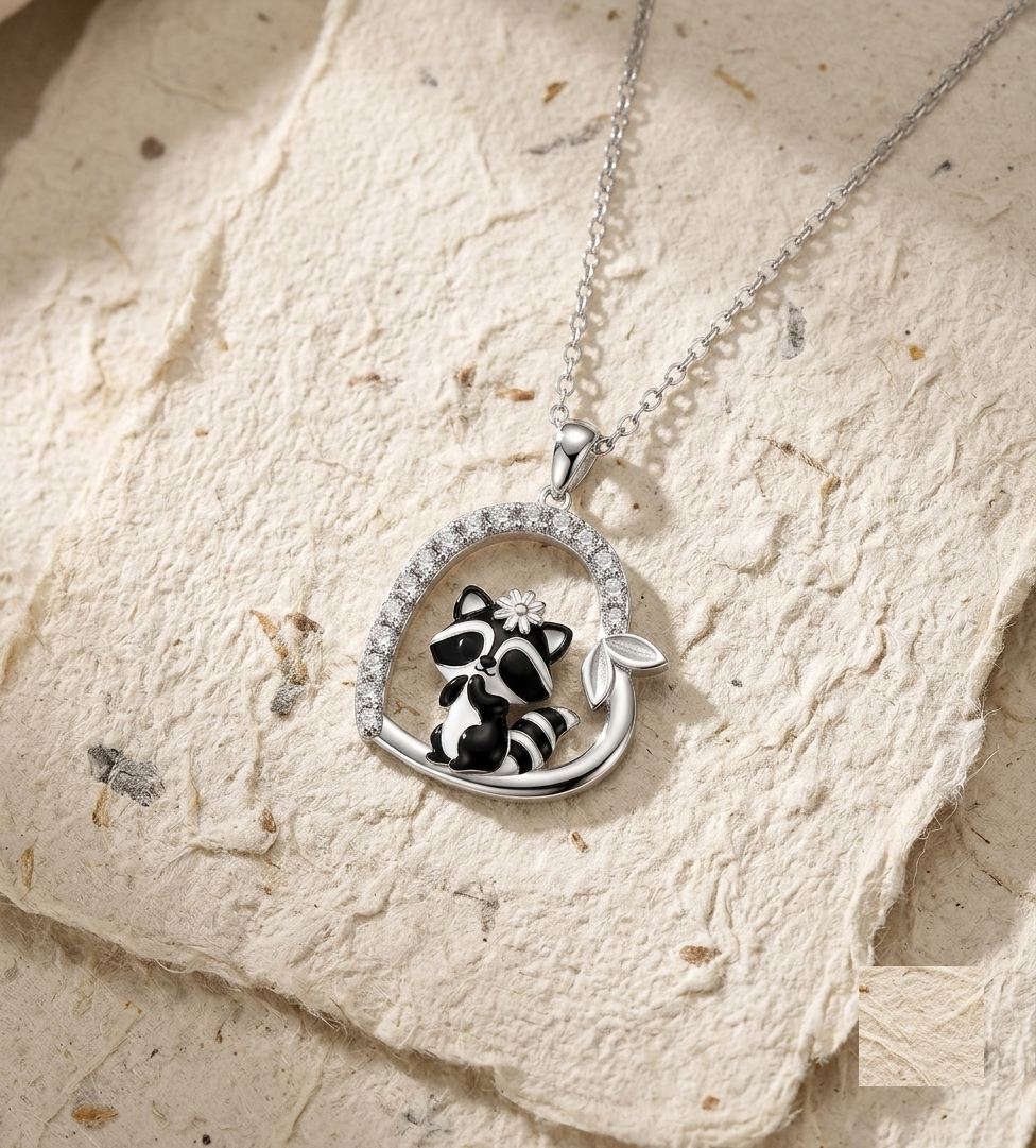 Dainty Raccoon Necklace in Sterling Silver, Cute Animal Heart Pendant, Enamel Raccoon Jewelry, Nature Inspired Gift for Her, Kawaii Necklace - Image 2