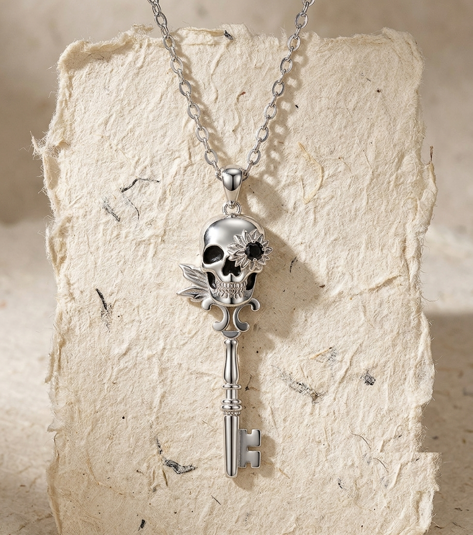 Sunflower Skull Key Necklace, Sterling Silver Skeleton Key Pendant, Gothic Floral Jewelry, Witchy Skull Necklace for Women, Romantic Gift - Image 2