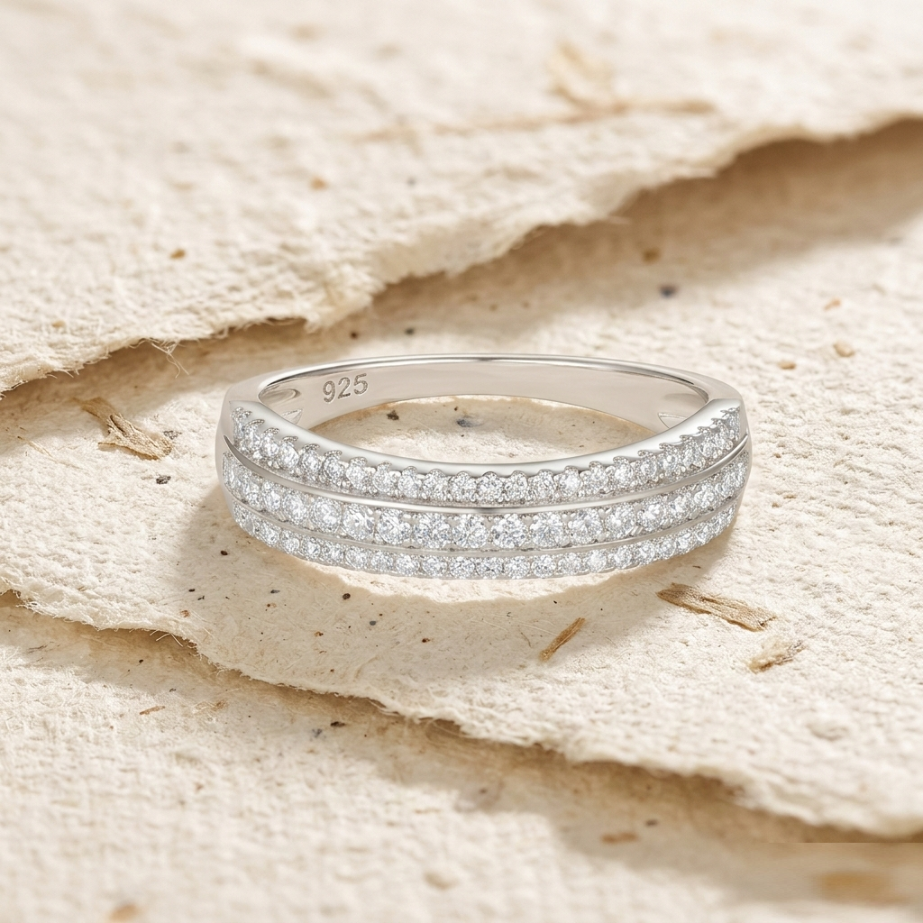 Sterling Silver Triple Row Eternity Ring for Women, Dainty Cubic Zirconia Simulant Wedding Band, Minimalist Stackable Anniversary Gift - Image 4