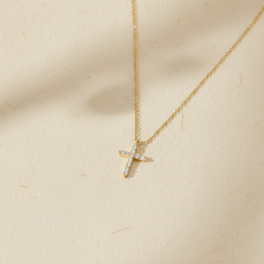 Dainty CZ Cross Necklace, Silver or Rose Gold • Tiny Cross Pendant • Minimalist Religious Jewelry • Communion Gift for Her