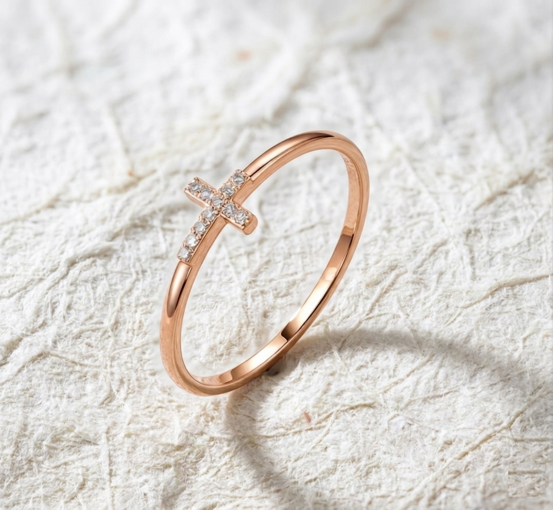 Sideways Cross Ring for Women, Dainty Cubic Zirconia Cross Ring, Religious Jewelry, Minimalist Faith Ring, Horizontal Cross Band - Image 5