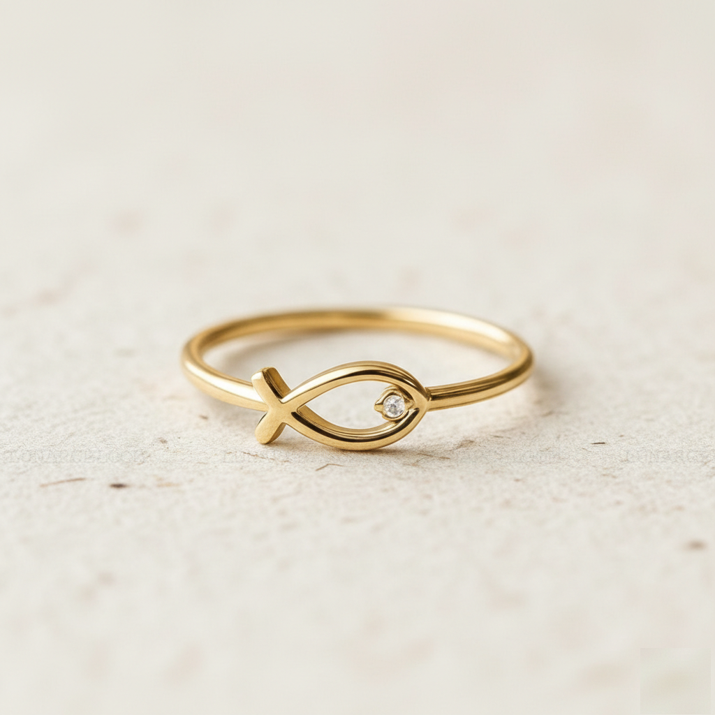 Ichthys Ring, Tiny Christian Fish Ring with Cubic Zirconia, Minimalist Religious Jewelry, Faith Ring for Her, Spiritual Gift