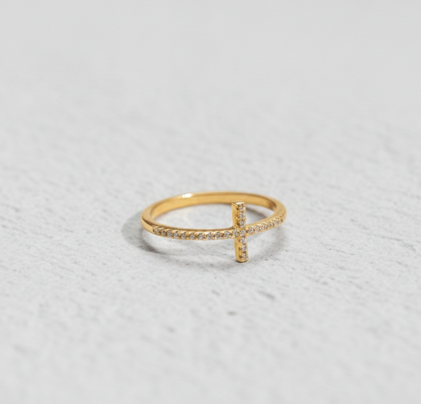 925 Sterling Silver Sideways Cross Ring for Women - Sparkling Cubic Zirconia Religious Jewelry - Minimalist Dainty Faith Gift
