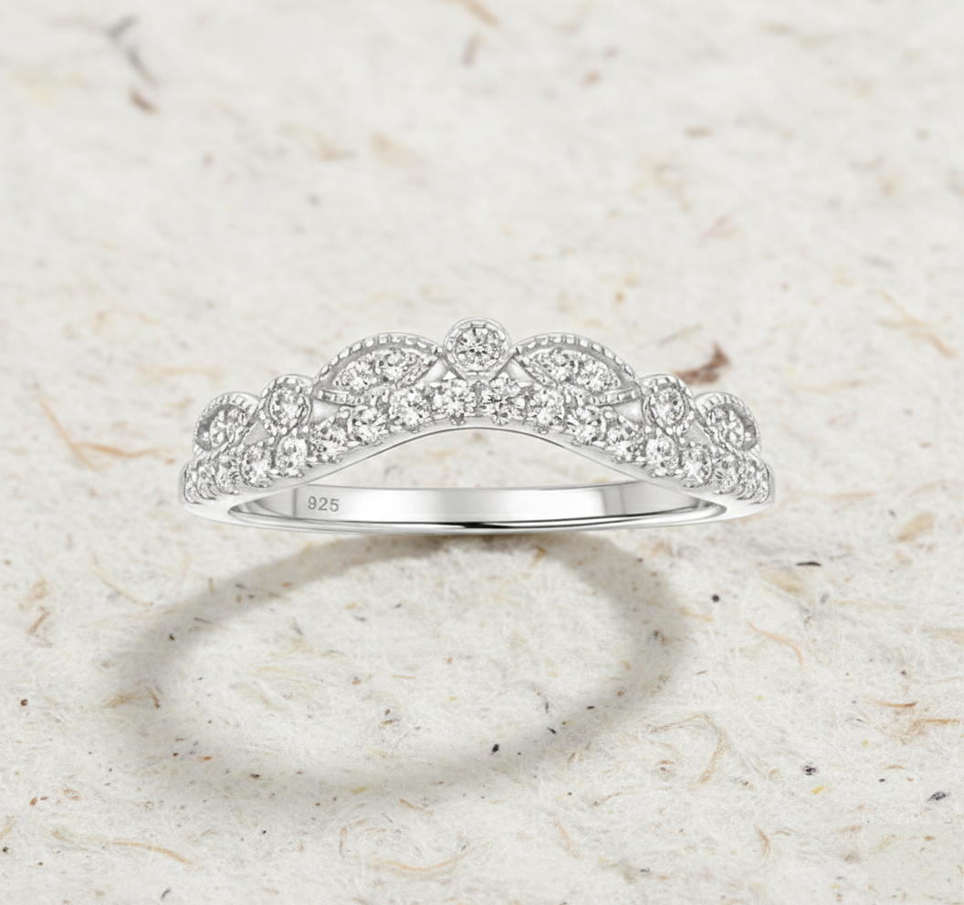 Vintage Curved Wedding Band Women, CZ Marquise Matching Band, Unique Tiara Ring, Art Deco Chevron Stacking Band - Image 5