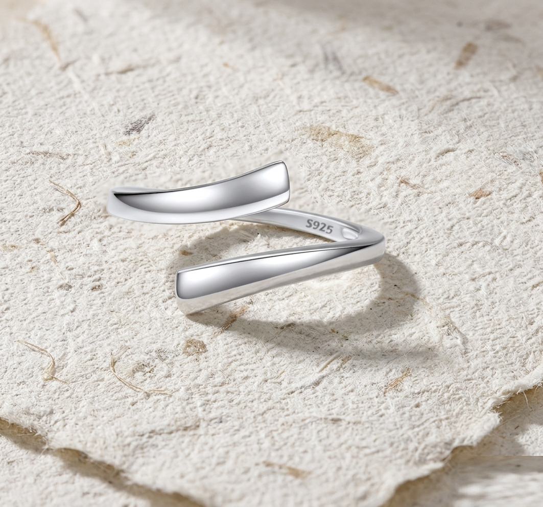 Minimalist Bypass Ring, Dainty Open Wrap Ring, Adjustable Silver Stacking Ring for Women, Geometric Statement Jewelry - Image 5