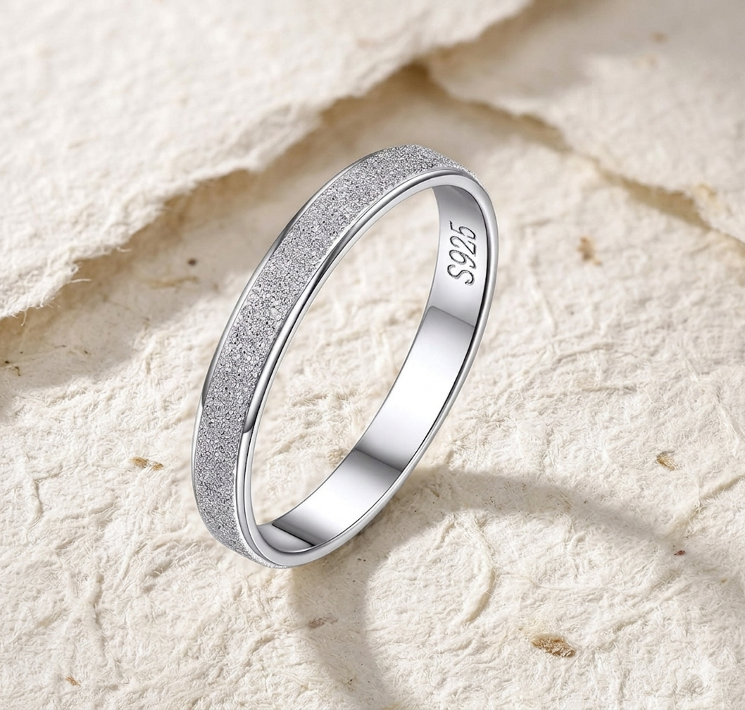 Minimalist S925 Sterling Silver Stardust Ring • Frosted Sparkle Slim Band • Dainty Stackable Textured Ring • Sparkling Jewelry Gift for Her - Image 5