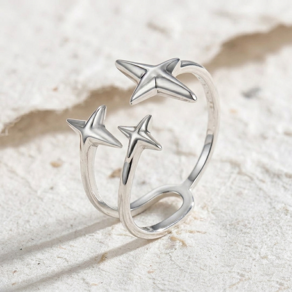 North Star Open Ring in 925 Sterling Silver, Dainty Celestial Ring for Women, Adjustable Triple Star Jewelry, Minimalist Stacking Band - Image 5