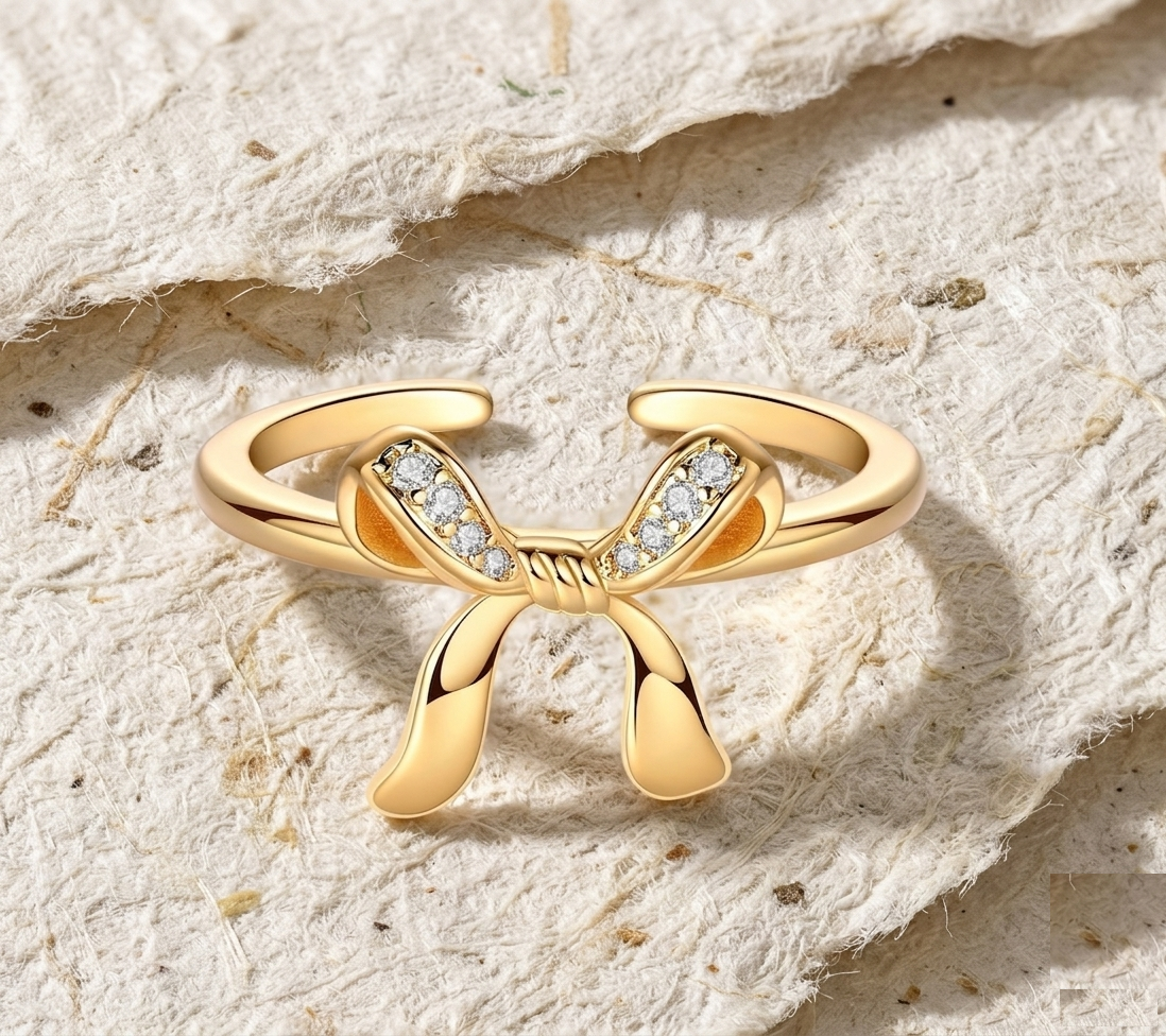 Bow Ring for Women, Dainty Ribbon Knot Ring, Sparkling CZ Adjustable Ring, Coquette Aesthetic Jewelry, Gift for Her, Minimalist Ring
