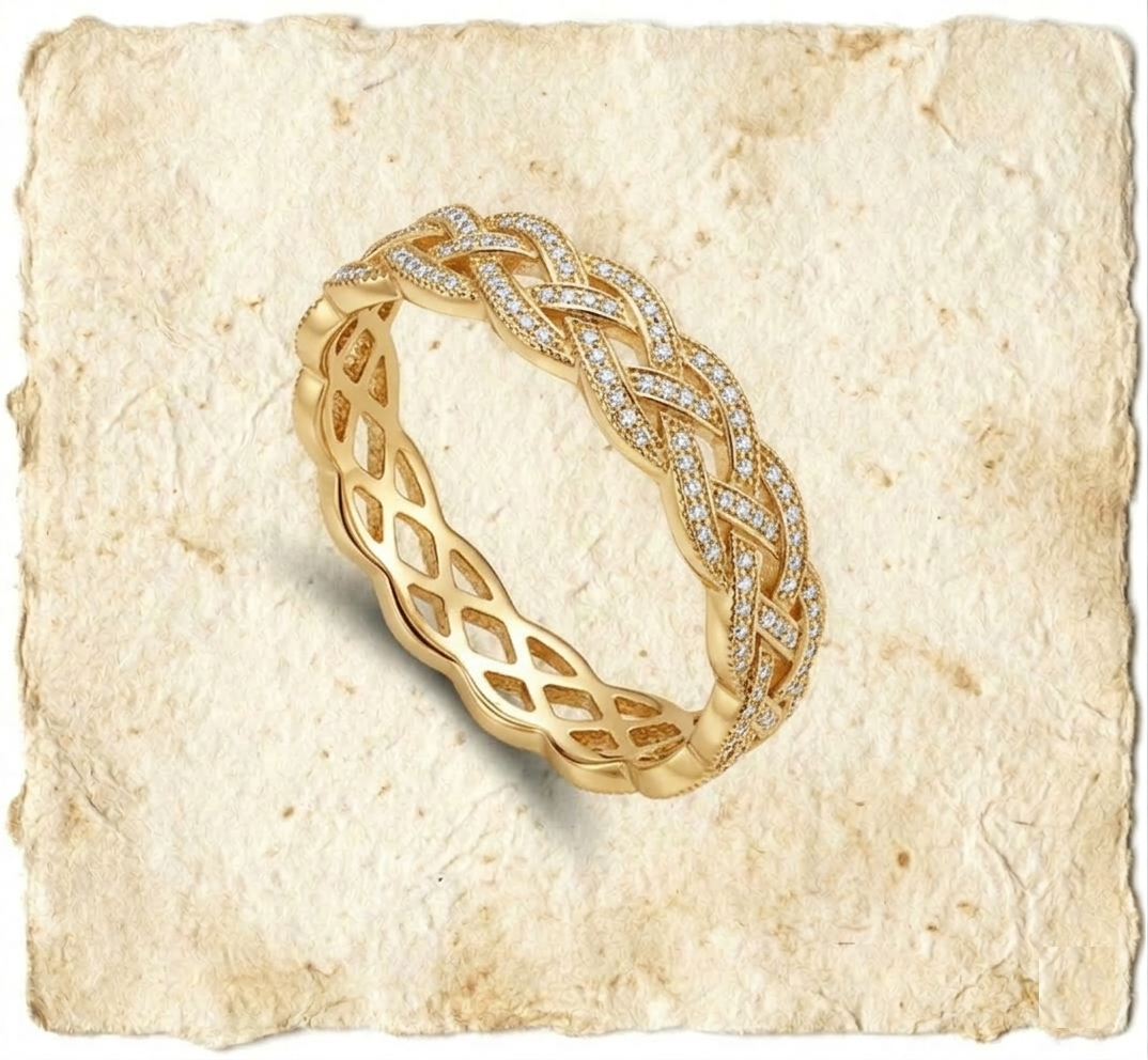 Braided Eternity Band, Cubic Zirconia Criss Cross Wedding Ring, Filigree Stackable Band, Handmade Woven Vine Ring for Women
