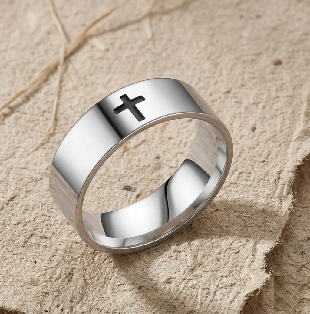 Cross Ring for Men and Women, Black Inlay Christian Band, Faith Jewelry, Religious Gift, Gold Plated Minimalist Cross Ring, Unisex Band - Image 4