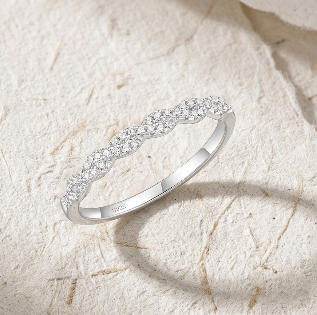 925 Sterling Silver Infinity Band Ring, Dainty Pavé Stackable Ring, Wavy Eternity Wedding Band, Minimalist Jewelry for Her - Image 4