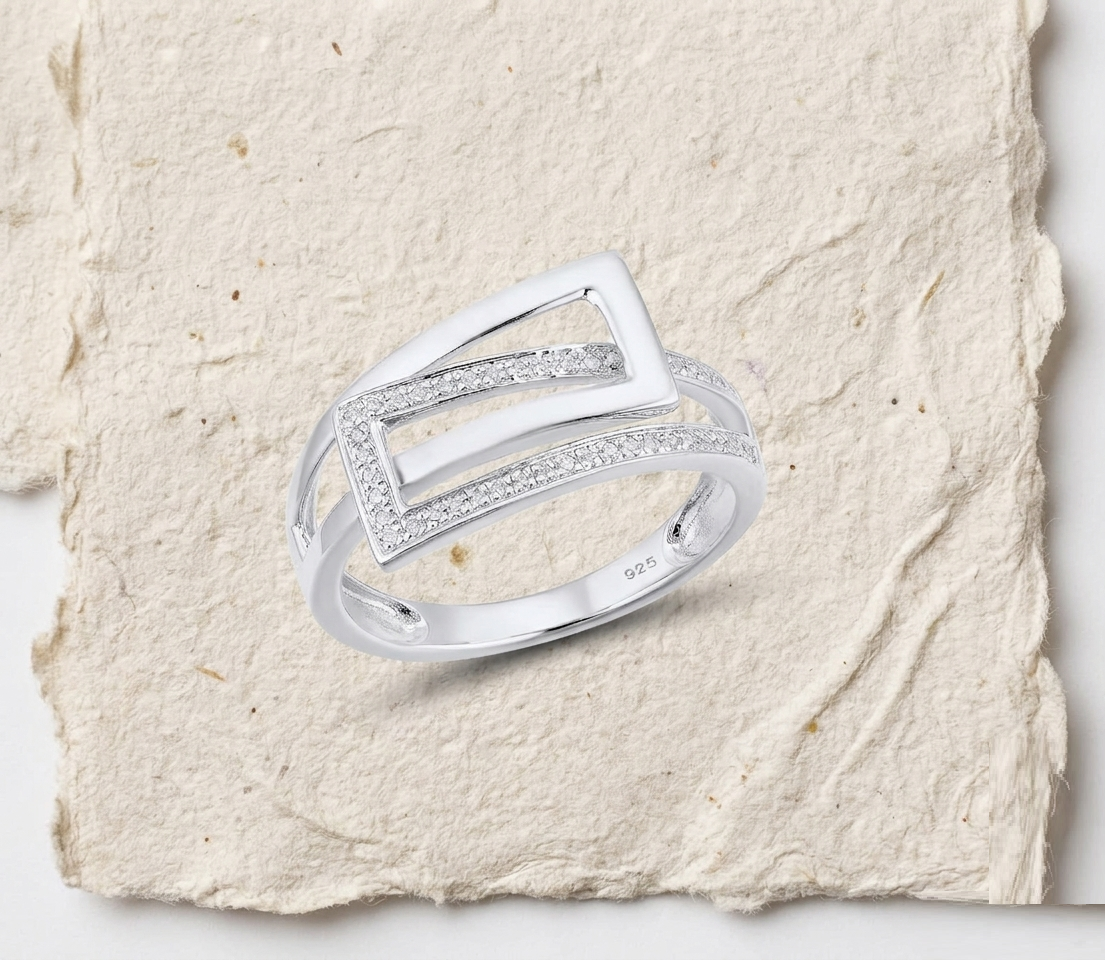 925 Sterling Silver Geometric Rectangular Ring | Modern Minimalist Double Band Statement Ring | Dainty CZ Contemporary Jewelry for Her - Image 4