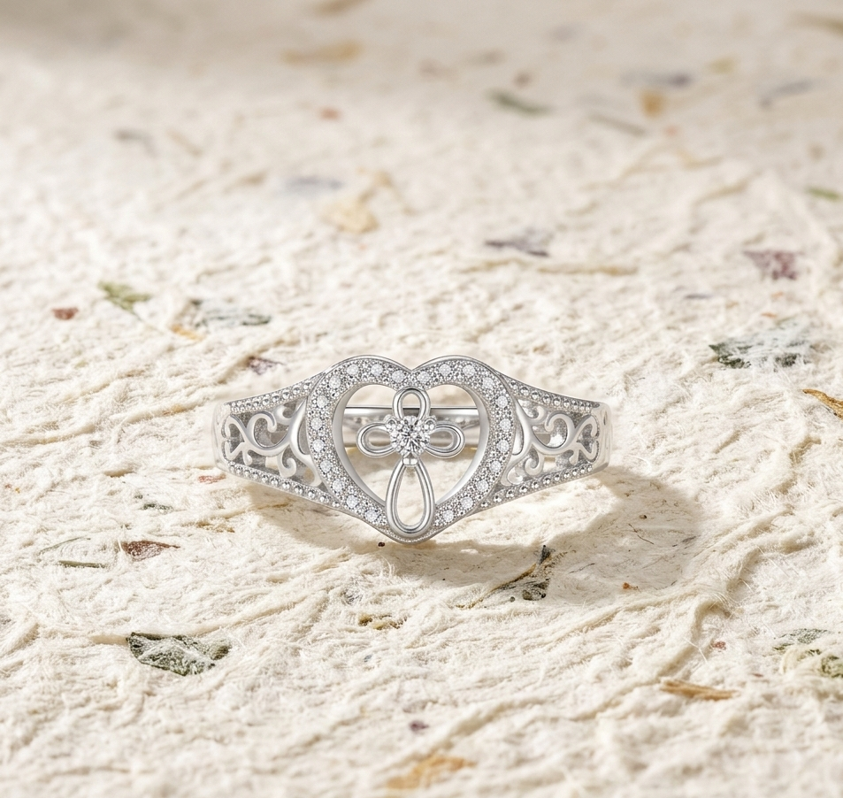 925 Sterling Silver Open Heart Cross Ring with Accent Cubic Zirconia, Religious Infinity Filigree Band for Her - Image 4