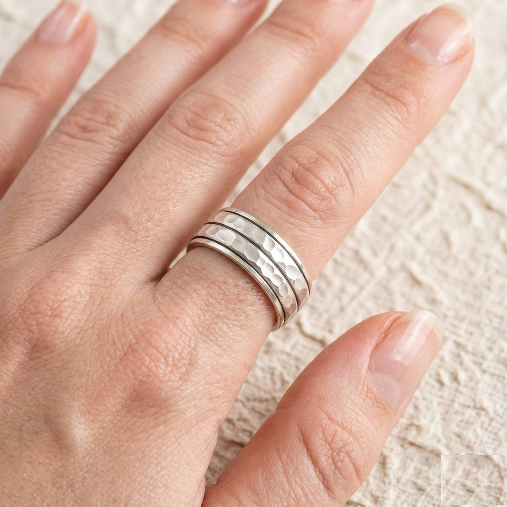 Hammered Spinner Ring, 925 Sterling Silver Meditation Ring, Textured Fidget Band, Unisex Stress Relief Jewelry, Minimalist Stacking Ring - Image 5