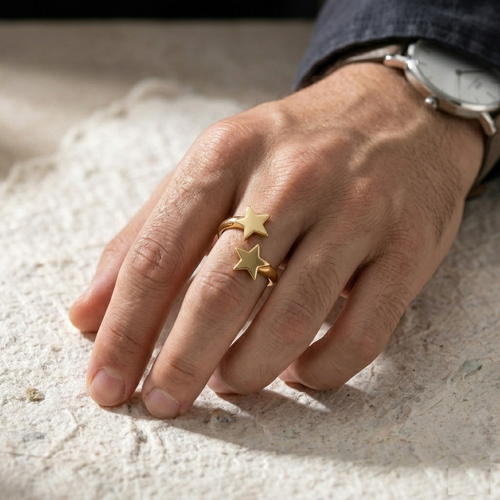Star Ring, Double Star Open Ring, Adjustable Celestial Ring, Minimalist Jewelry, Stacking Star Ring, Dainty Gold Band, Star Statement Ring - Image 4