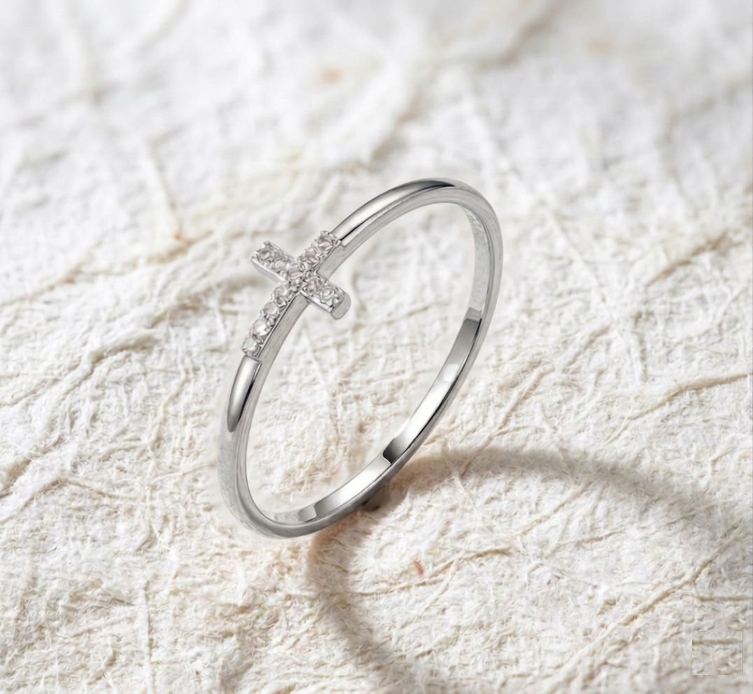 Sideways Cross Ring for Women, Dainty Cubic Zirconia Cross Ring, Religious Jewelry, Minimalist Faith Ring, Horizontal Cross Band - Image 4