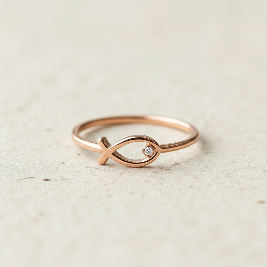 Ichthys Ring, Tiny Christian Fish Ring with Cubic Zirconia, Minimalist Religious Jewelry, Faith Ring for Her, Spiritual Gift - Image 4
