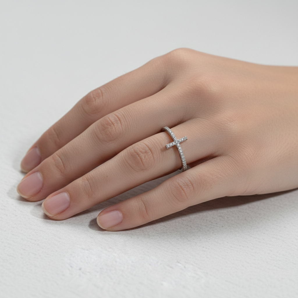 925 Sterling Silver Sideways Cross Ring for Women - Sparkling Cubic Zirconia Religious Jewelry - Minimalist Dainty Faith Gift - Image 4