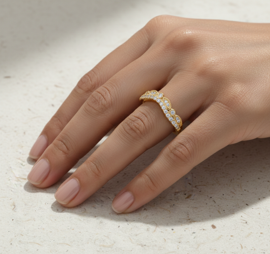 Vintage Curved Wedding Band Women, CZ Marquise Matching Band, Unique Tiara Ring, Art Deco Chevron Stacking Band - Image 4