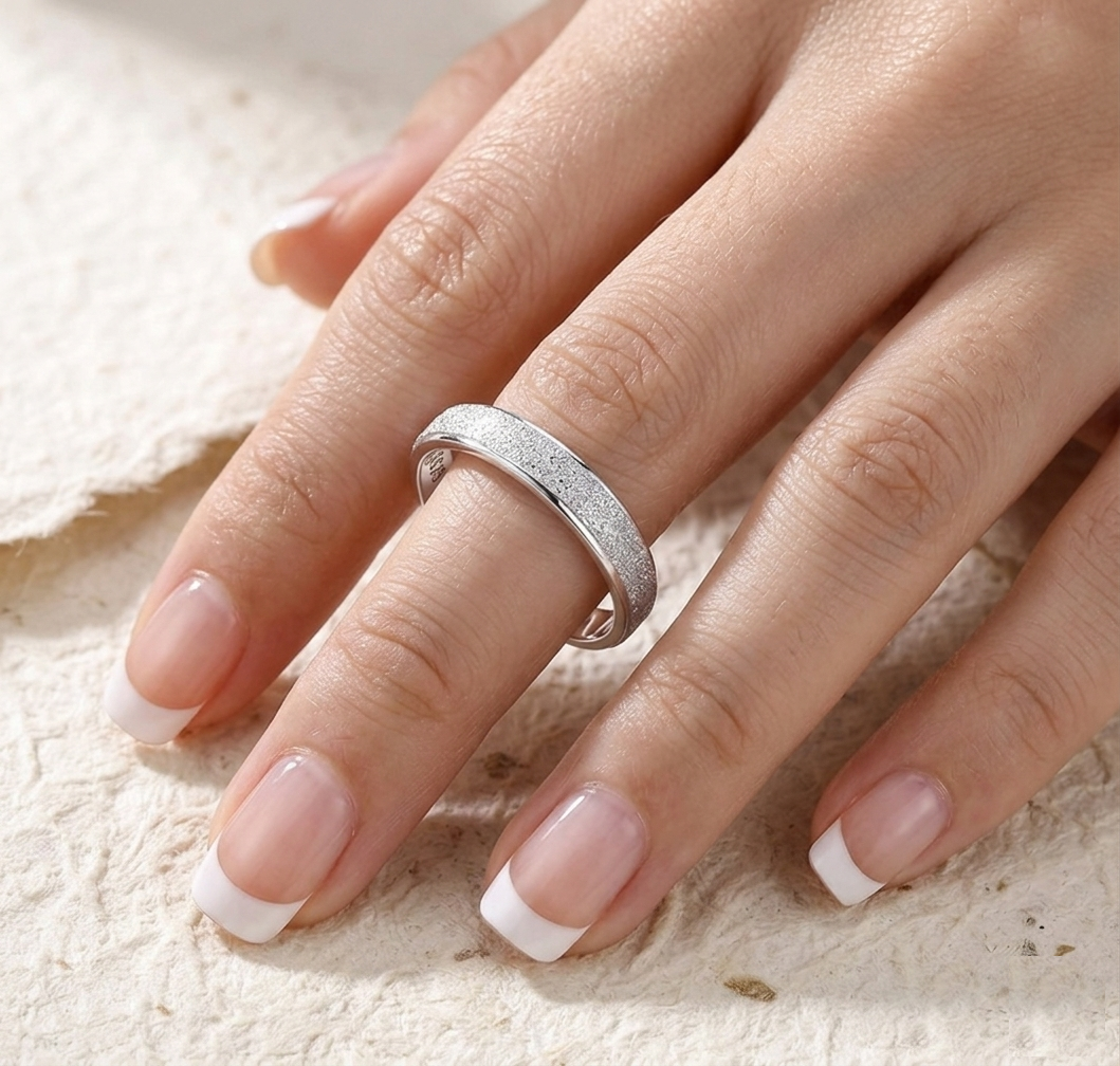 Minimalist S925 Sterling Silver Stardust Ring • Frosted Sparkle Slim Band • Dainty Stackable Textured Ring • Sparkling Jewelry Gift for Her - Image 4