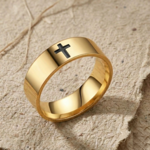 Cross Ring for Men and Women, Black Inlay Christian Band, Faith Jewelry, Religious Gift, Gold Plated Minimalist Cross Ring, Unisex Band