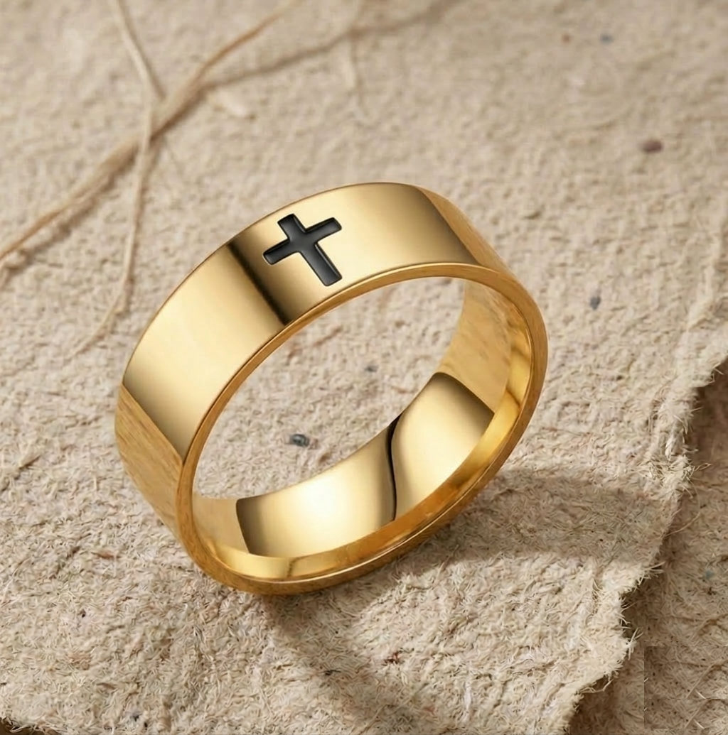 Cross Ring for Men and Women, Black Inlay Christian Band, Faith Jewelry, Religious Gift, Gold Plated Minimalist Cross Ring, Unisex Band