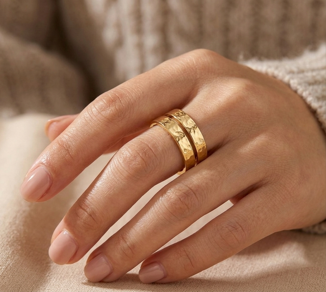 Handmade Hammered Gold Ring for Women - Wide Band Ring - Textured Statement Ring - Minimalist Jewelry - Adjustable Wrap Ring - Image 4