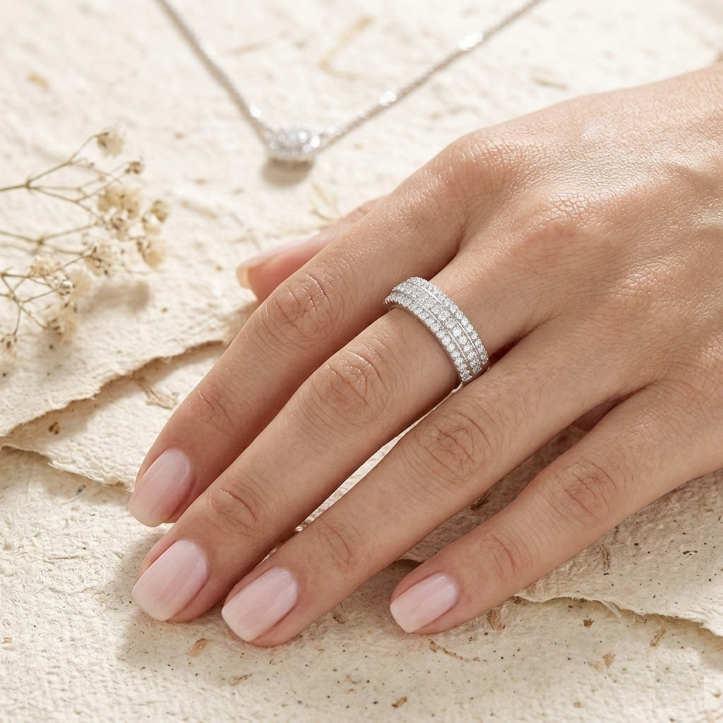 Sterling Silver Triple Row Eternity Ring for Women, Dainty Cubic Zirconia Simulant Wedding Band, Minimalist Stackable Anniversary Gift - Image 3