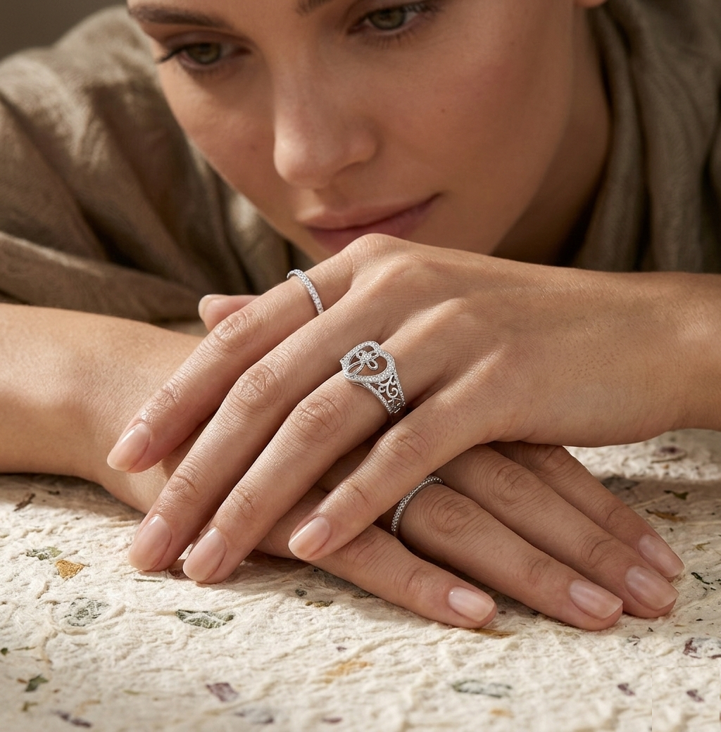 925 Sterling Silver Open Heart Cross Ring with Accent Cubic Zirconia, Religious Infinity Filigree Band for Her - Image 2