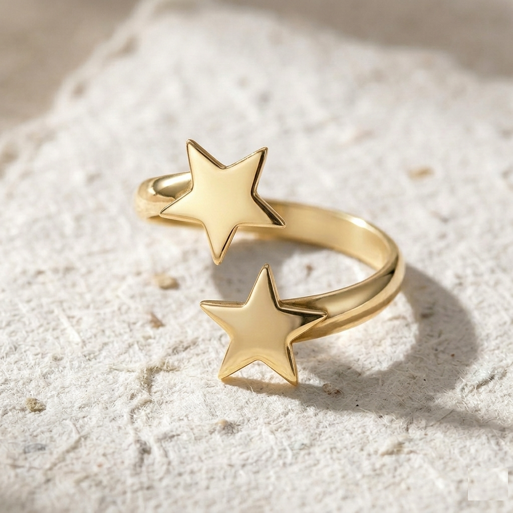 Star Ring, Double Star Open Ring, Adjustable Celestial Ring, Minimalist Jewelry, Stacking Star Ring, Dainty Gold Band, Star Statement Ring