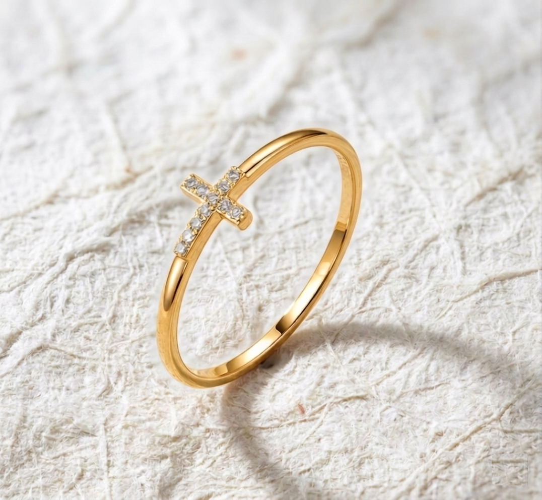 Sideways Cross Ring for Women, Dainty Cubic Zirconia Cross Ring, Religious Jewelry, Minimalist Faith Ring, Horizontal Cross Band