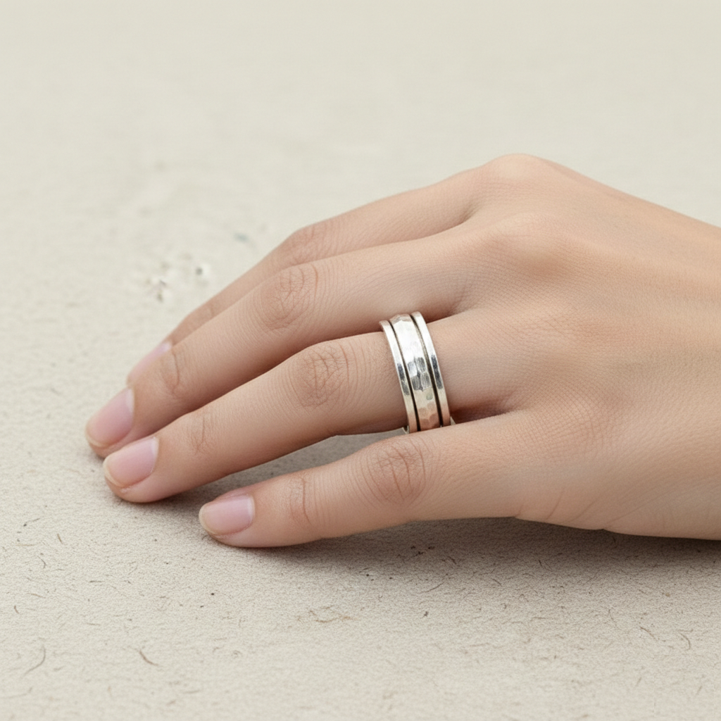 925 Sterling Silver Spinner Ring for Women, Meditation Worry Ring, Boho Hammered Textured Fidget Ring, Statement Jewelry, Gift for Her - Image 3