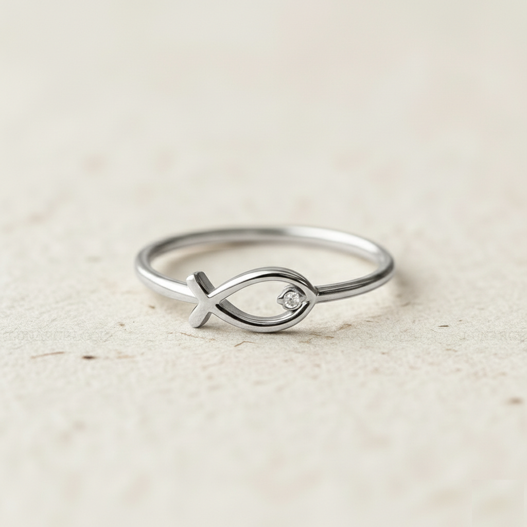 Ichthys Ring, Tiny Christian Fish Ring with Cubic Zirconia, Minimalist Religious Jewelry, Faith Ring for Her, Spiritual Gift - Image 3