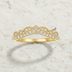 Vintage Curved Wedding Band Women, CZ Marquise Matching Band, Unique Tiara Ring, Art Deco Chevron Stacking Band