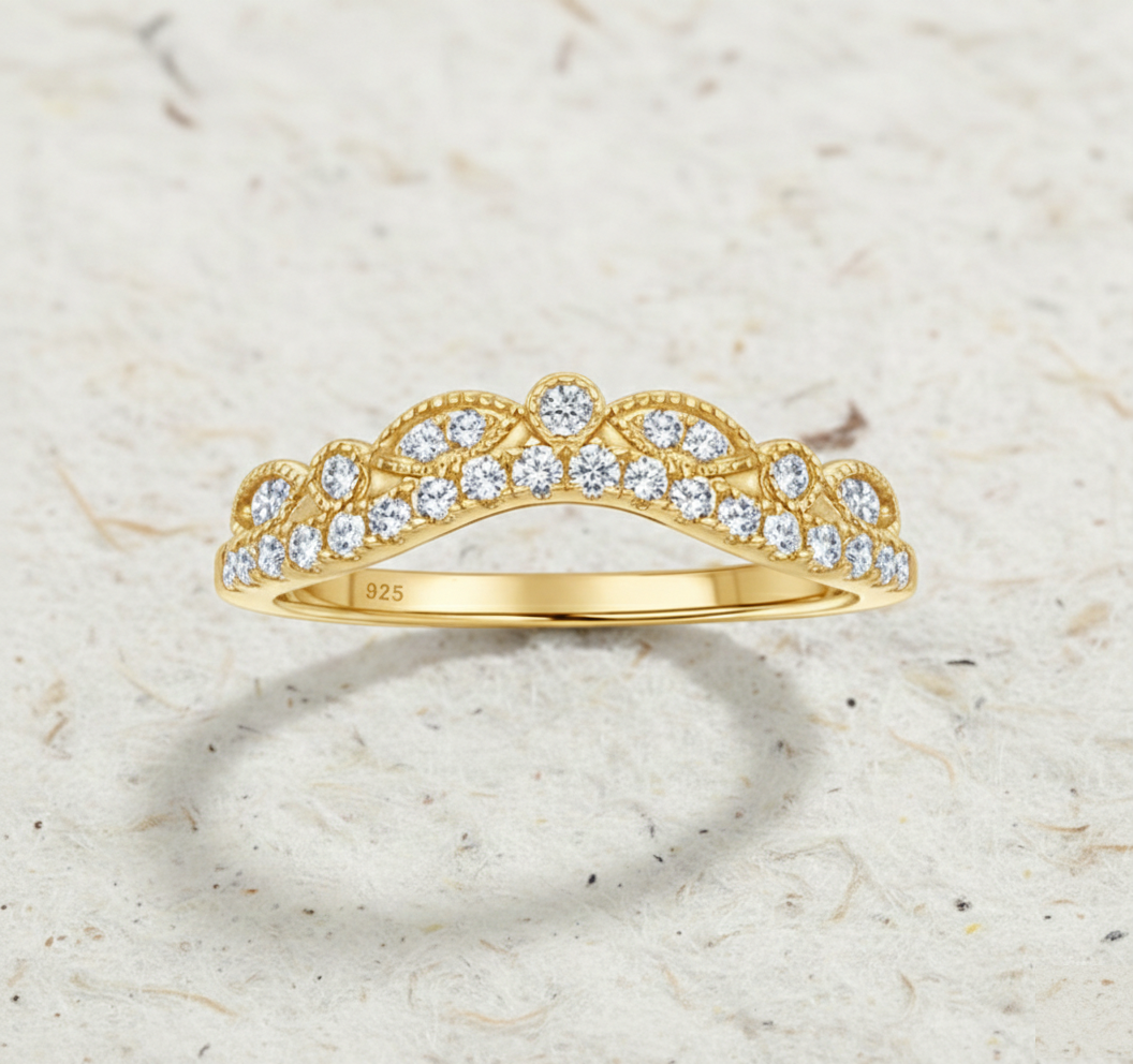 Vintage Curved Wedding Band Women, CZ Marquise Matching Band, Unique Tiara Ring, Art Deco Chevron Stacking Band