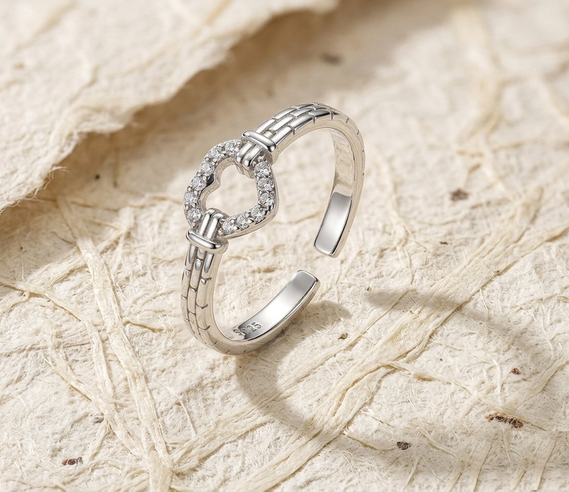 925 Sterling Silver Heart Ring, Dainty Cubic Zirconia Open Band, Minimalist Geometric Jewelry for Women, Adjustable Love Ring - Image 2