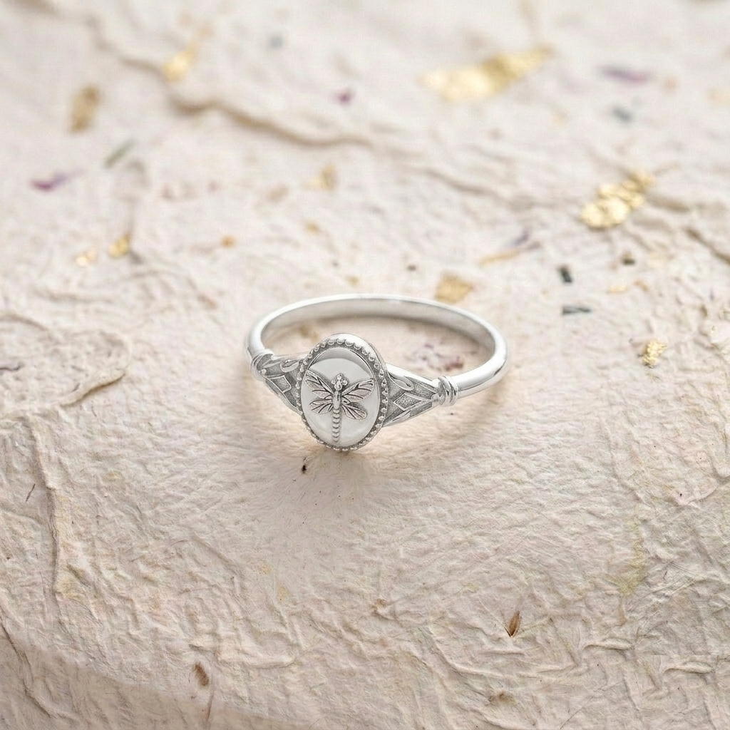 Gold Dragonfly Ring, Dainty Oval Signet Ring, 925 Sterling Silver Nature Inspired Jewelry, Minimalist Insect Ring, Statement Gift for Her - Image 4