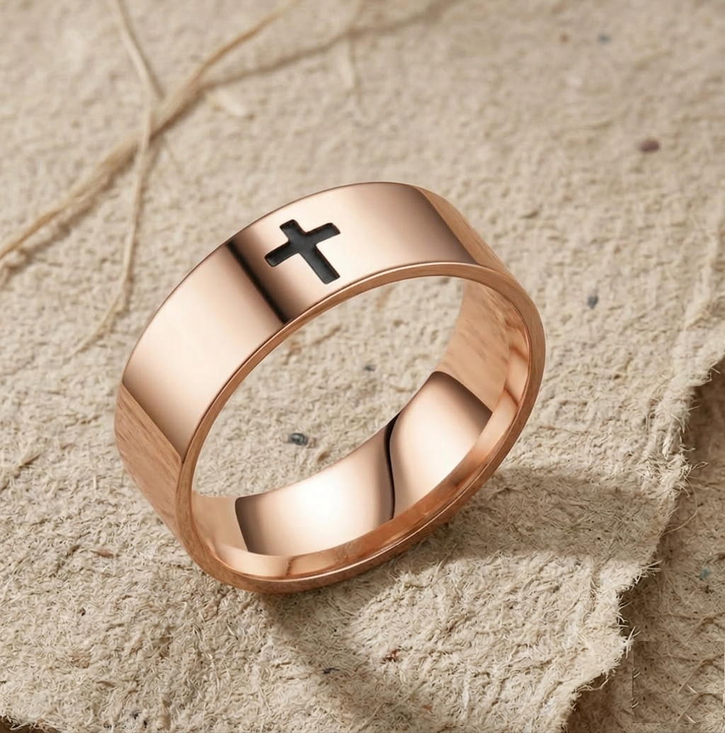 Cross Ring for Men and Women, Black Inlay Christian Band, Faith Jewelry, Religious Gift, Gold Plated Minimalist Cross Ring, Unisex Band - Image 2