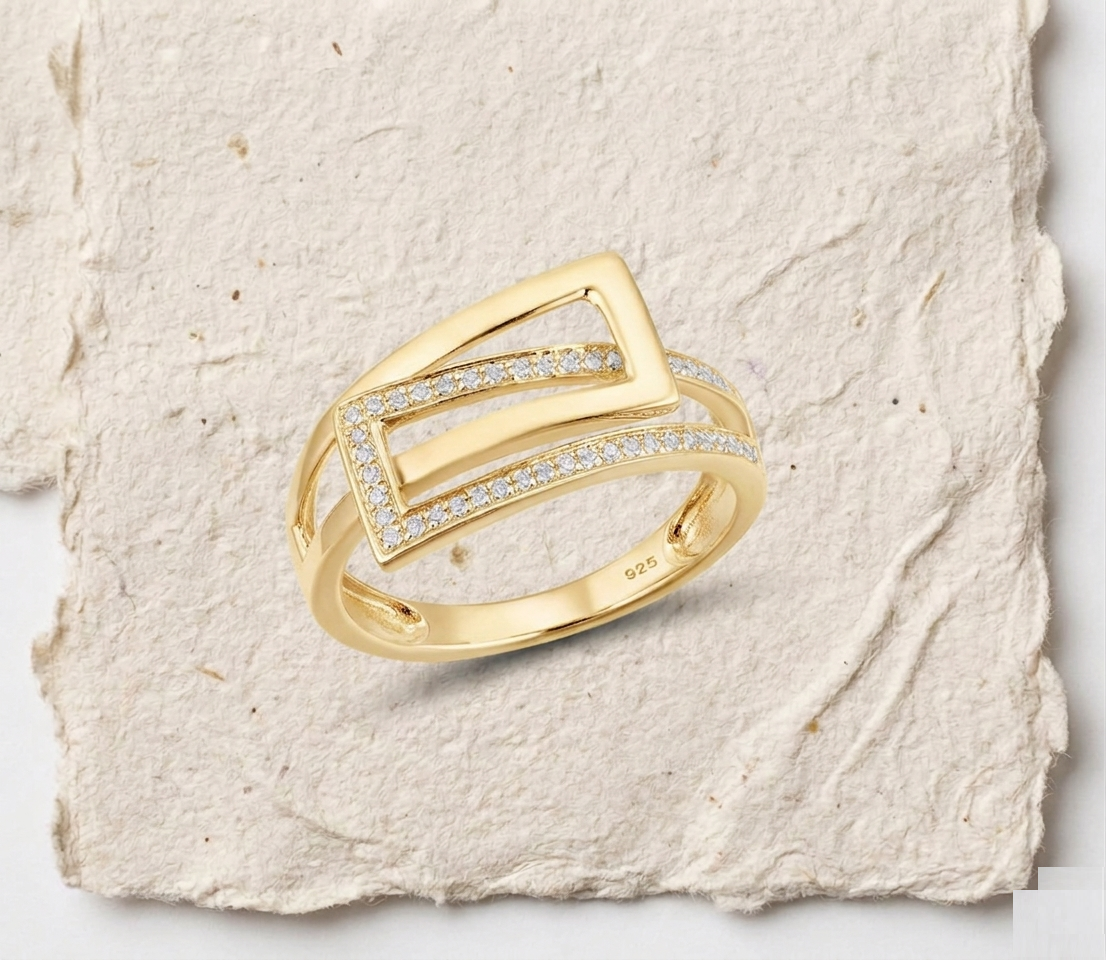925 Sterling Silver Geometric Rectangular Ring | Modern Minimalist Double Band Statement Ring | Dainty CZ Contemporary Jewelry for Her