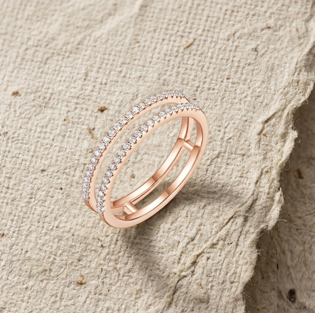 Minimalist Two Row CZ Stacking Ring – Dainty Eternity Band for Her – Split Band Statement Jewelry – Gift for Her - Image 2