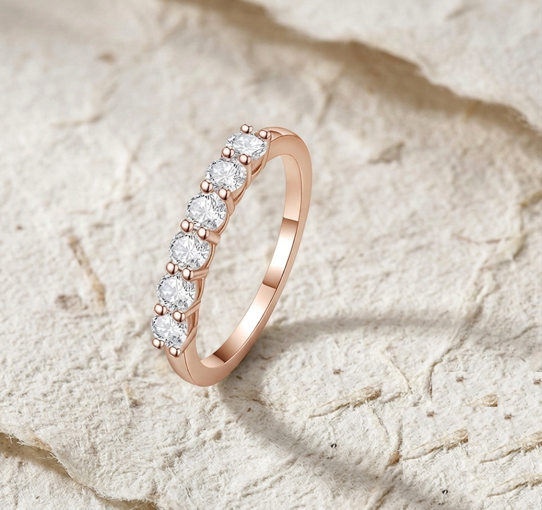 Dainty Cubic Zirconia Wedding Band Rose Gold, Minimalist Multi Stone Stacking Ring, Delicate Half Eternity Band, Artisan Silver Ring - Image 2