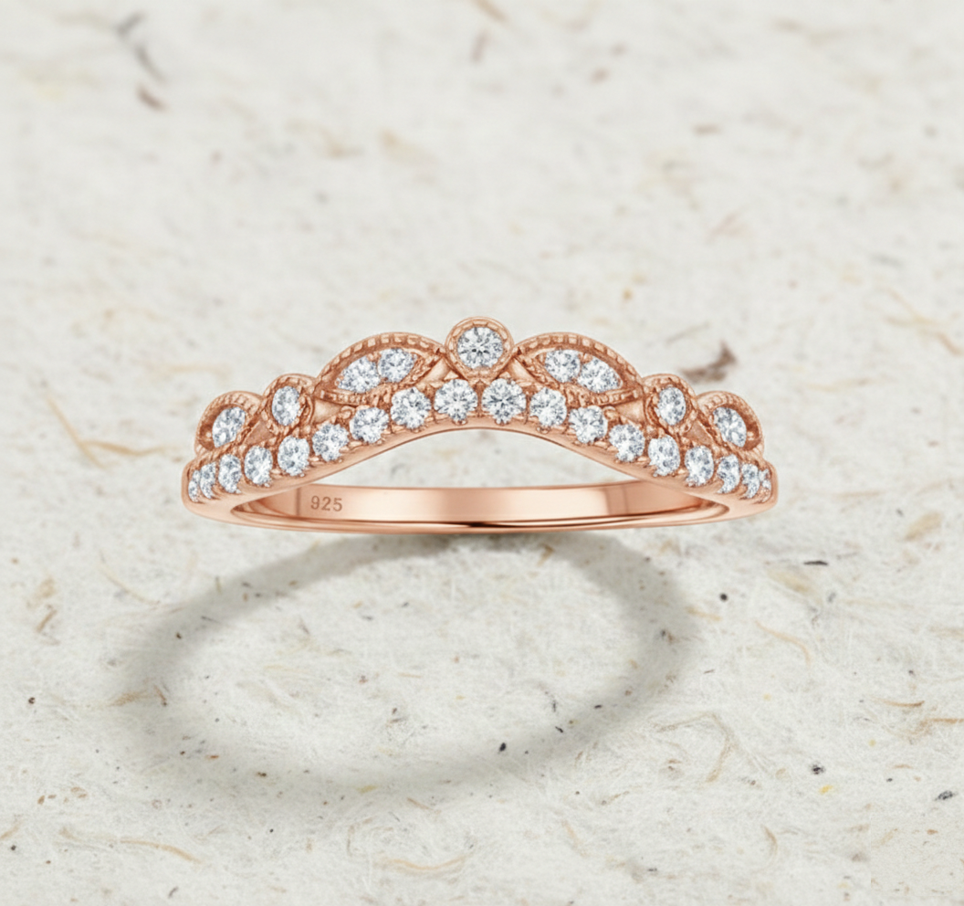 Vintage Curved Wedding Band Women, CZ Marquise Matching Band, Unique Tiara Ring, Art Deco Chevron Stacking Band - Image 2