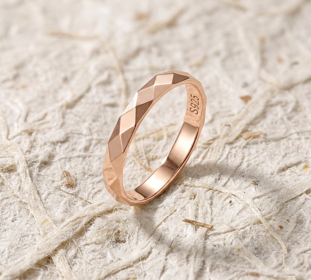 Handmade Sterling Silver Faceted Band Ring, Minimalist Geometric Diamond Cut Wedding Ring, Unisex Stacking Thumb Ring, Gift for Him or Her - Image 2
