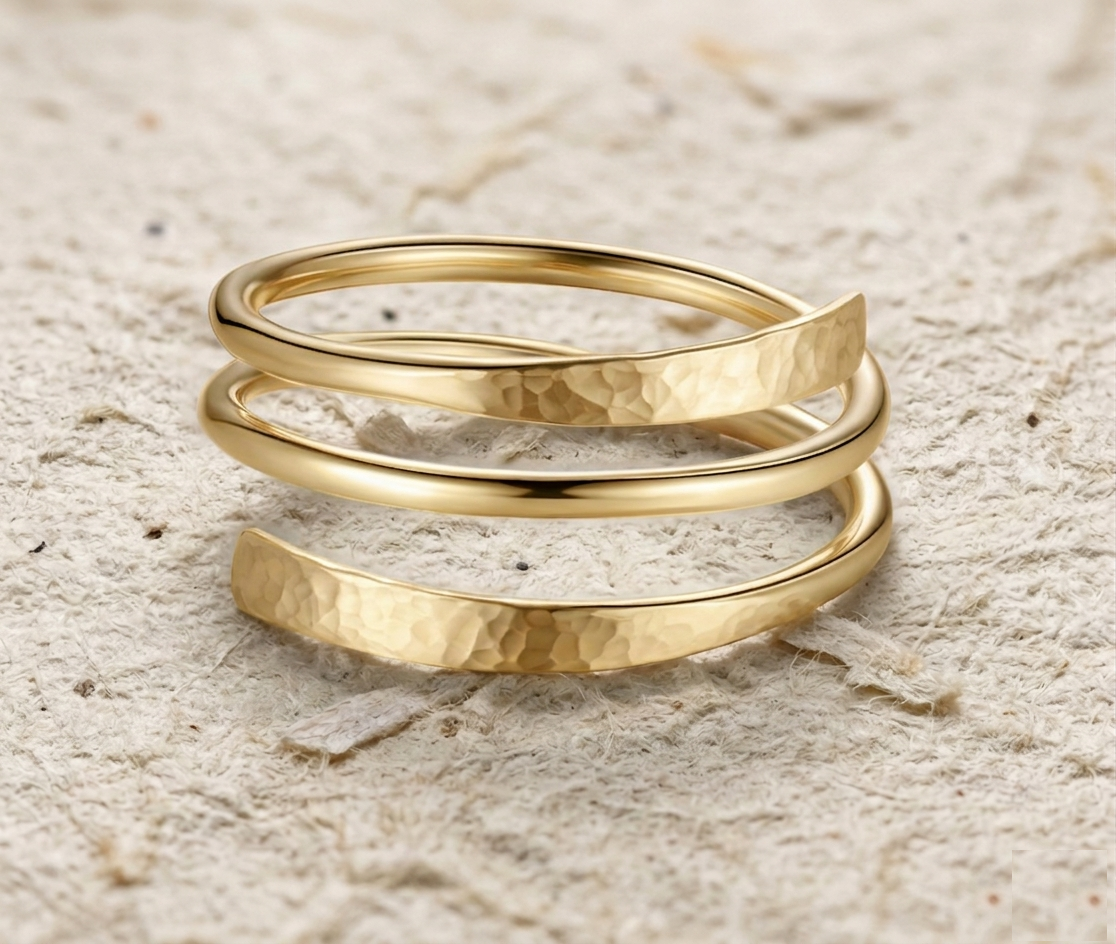 Hammered Wrap Ring for Women, Adjustable Spiral Ring, Minimalist Stacked Band, Recycled Gold Jewelry, Unique Gift for Her