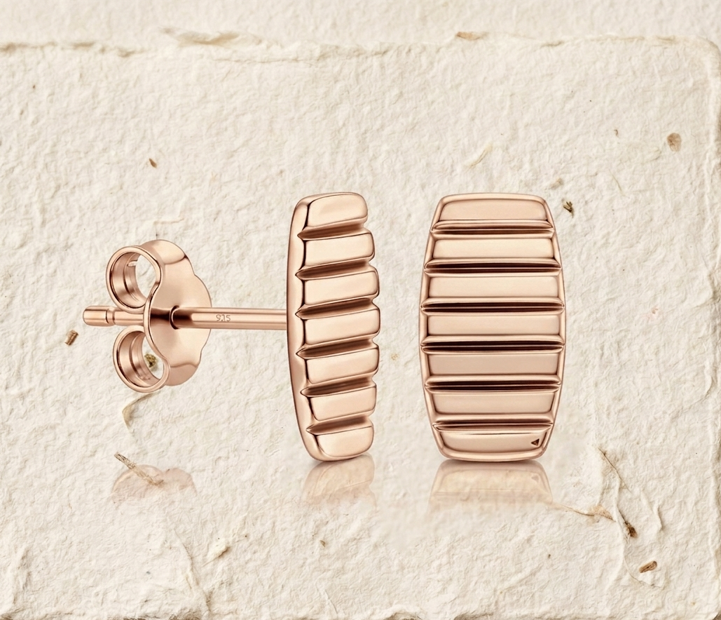 Handcrafted 925 Sterling Silver Ribbed Stud Earrings - Minimalist Geometric Unisex Jewelry - Image 2