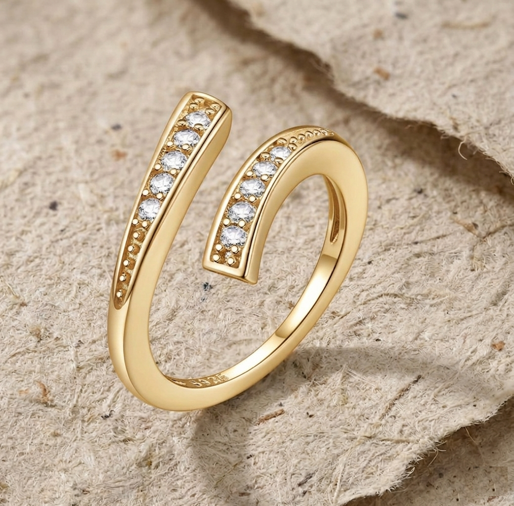 Dainty Bypass Ring, Minimalist Adjustable Spiral Band, Bohemian Cubic Zirconia Jewelry for Women, Unique Wrap Statement Piece