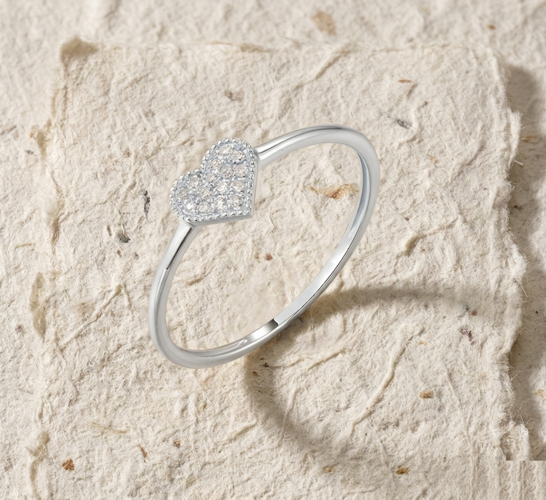 Pave Heart Ring in Over Sterling Silver, Minimalist Cubic Zirconia Simulant Heart Band, Dainty Promise Ring for Her, Romantic Gift for Wife - Image 5
