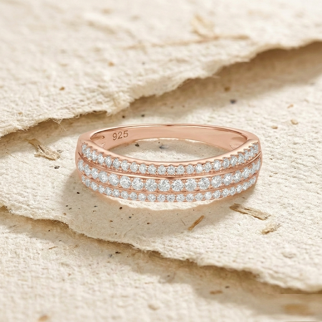 Sterling Silver Triple Row Eternity Ring for Women, Dainty Cubic Zirconia Simulant Wedding Band, Minimalist Stackable Anniversary Gift - Image 2